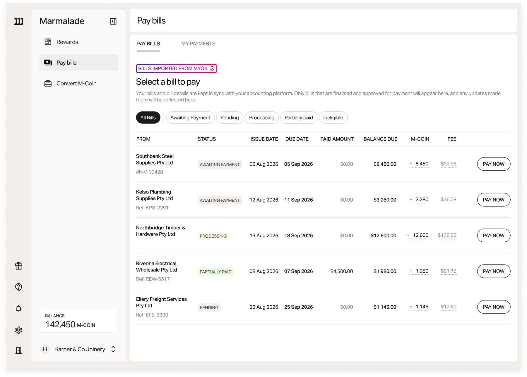 The Marmalade pay bills screen, listing business bills ready to pay