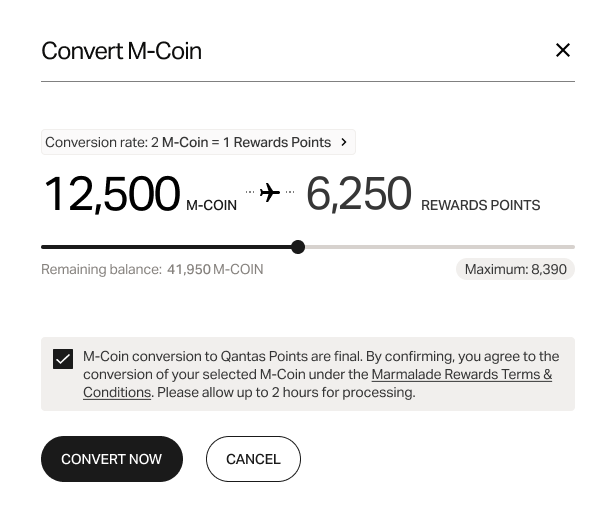 The convert M-Coin screen, exchanging M-Coin for rewards points