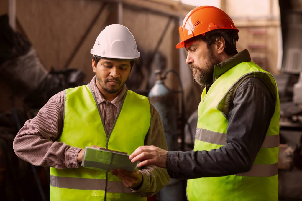 Two workers in hard hats and high visibility vests reviewing a job on a tablet